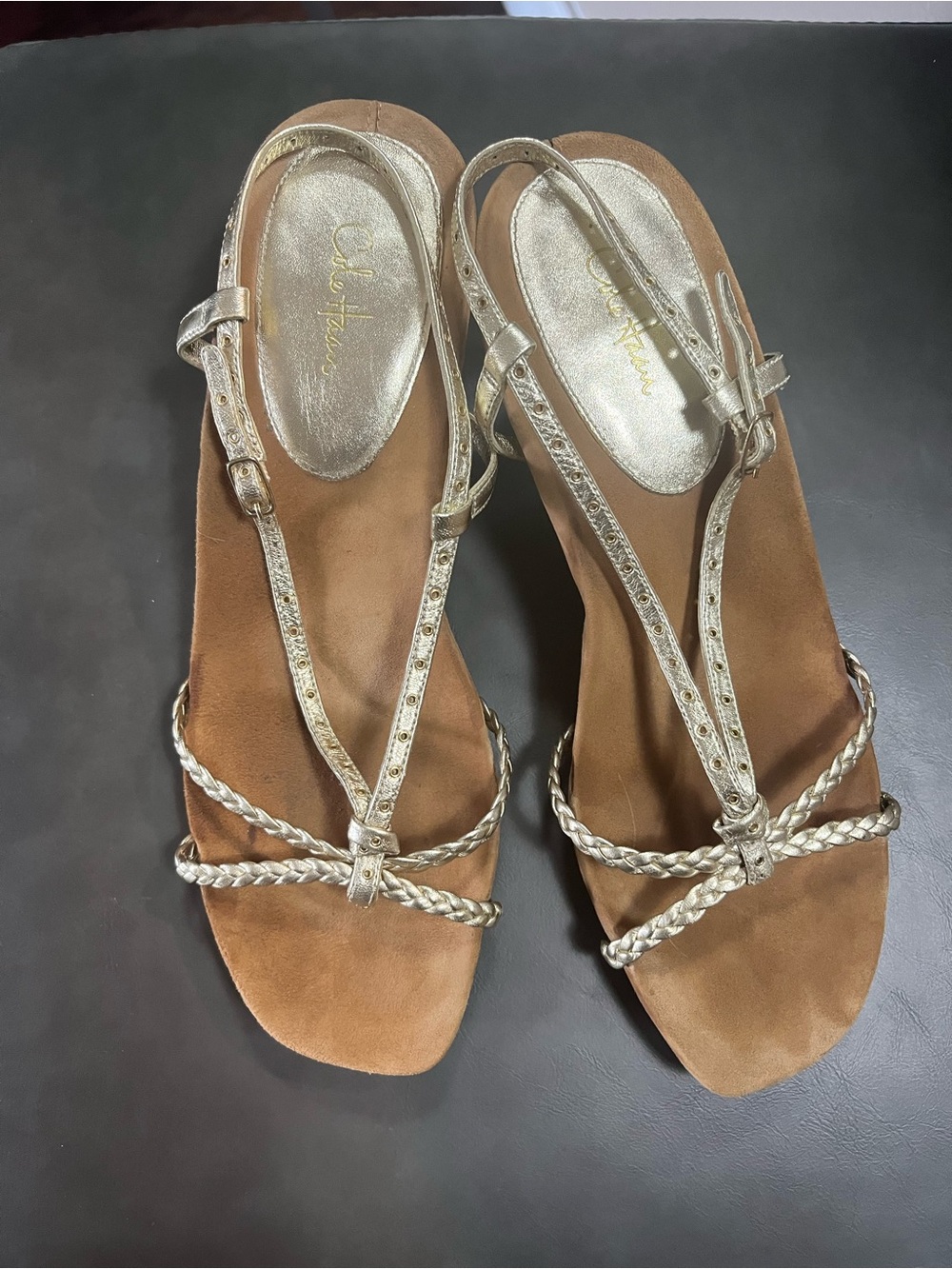 Cole Haan Gold Leather Braided T-Strap Sandals - Women